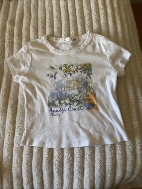 Altar'd State White Tee with Blue and Yellow Amalfi Coast Graphic